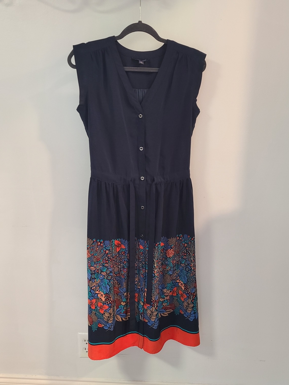 Tommy Hilfiger Navy Midi Dress with Floral Border and Coral Hem